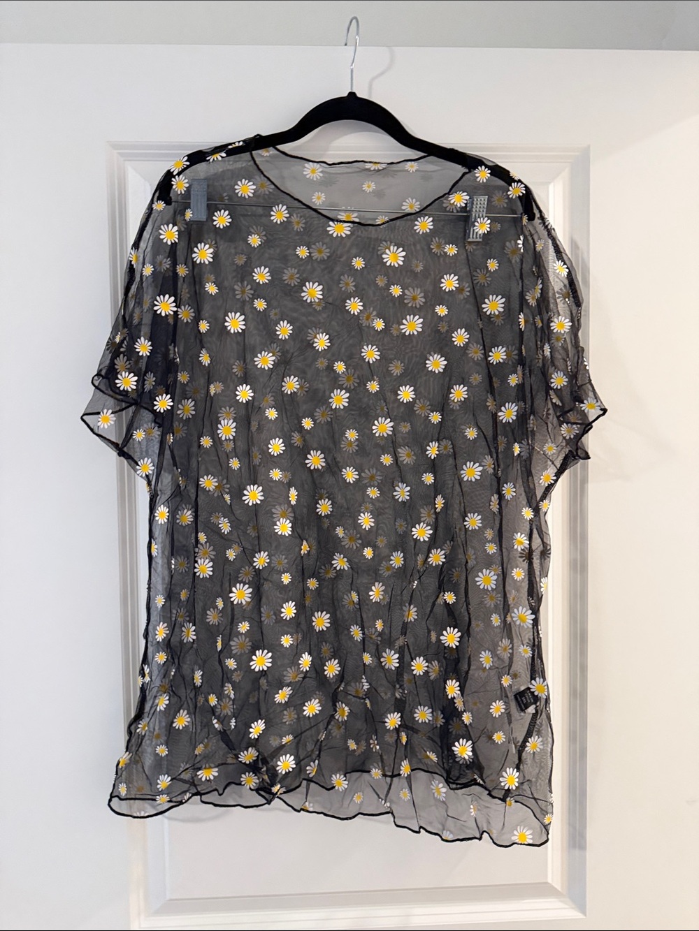 SHEIN Black Sheer Daisy Tunic with White & Yellow Blooms